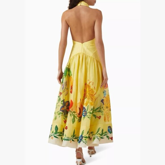Women Halter Midi Dress Size L Deep Neckline Sleeveles Floral Yellow Lemon Linen - Picture 6 of 16